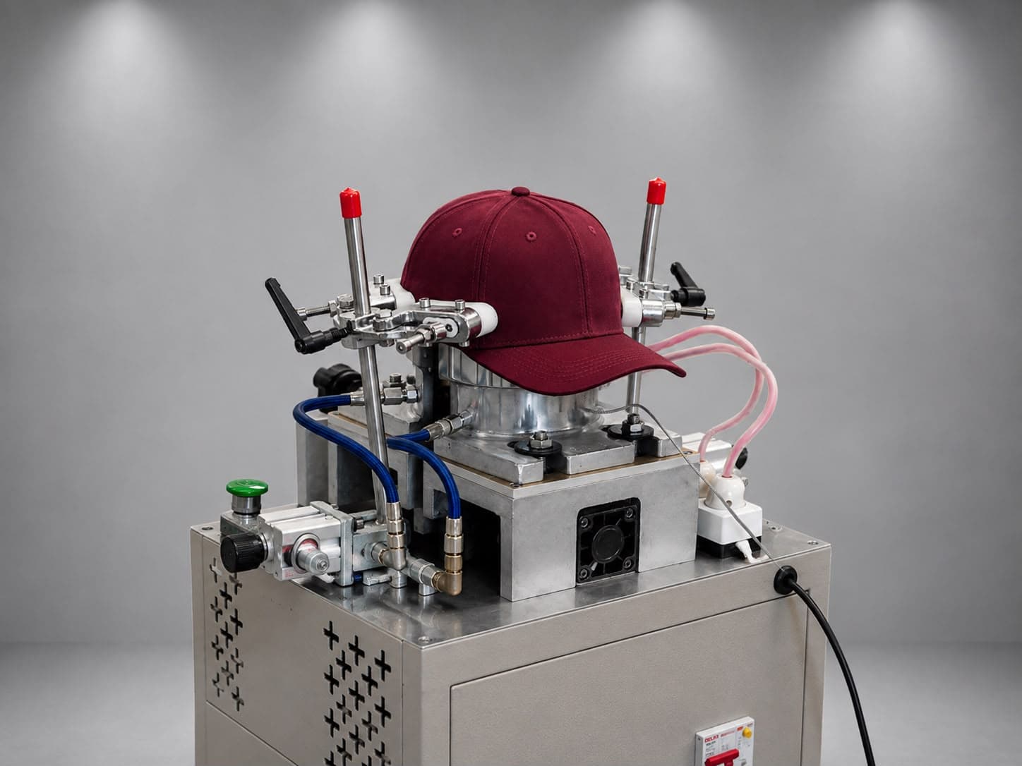 Máquina de Planchado de Gorras Modelo CX28 — gorra terminada sobre el molde de planchado